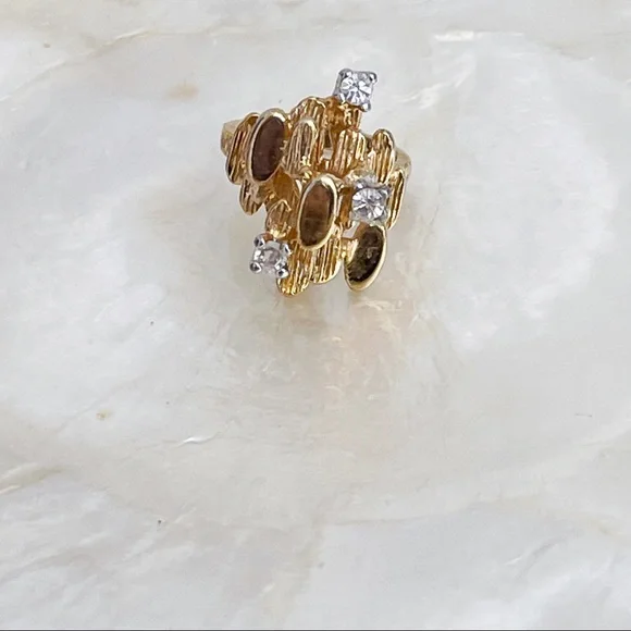 Vintage 18K HGE CZ Abstract Nugget Brutalist Ring Sz 5 Cocktail Statement Ring - Picture 10 of 13